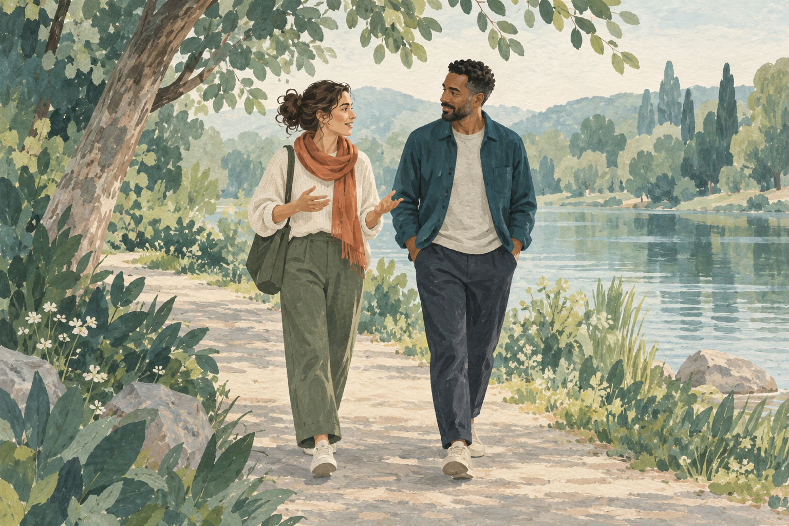 Two people walking and talking beside a calm lake