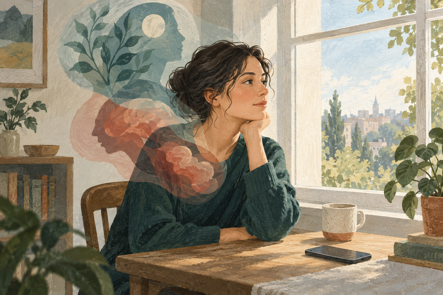 A thoughtful woman sitting beside a window with her phone resting on the table