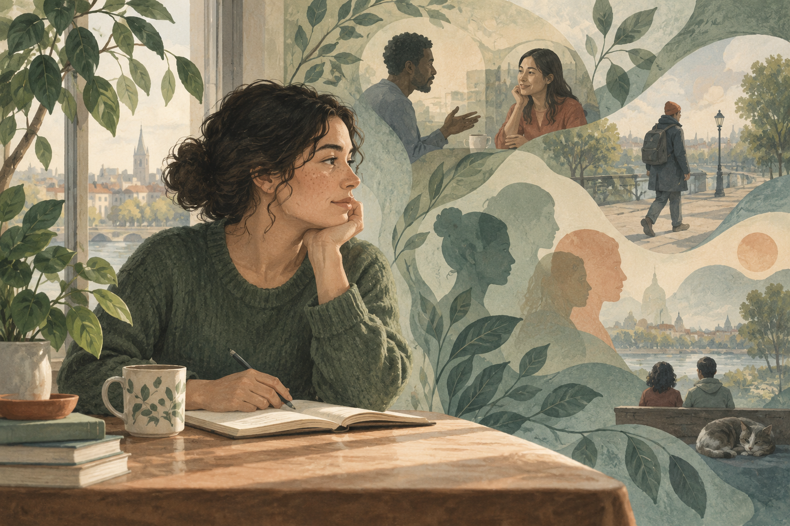 A reflective observer surrounded by layered scenes of ordinary human life